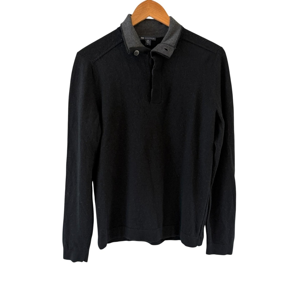 Gap Extra Fine Merino Wool Henley Sweater Mens M Black Collared Classic Preppy